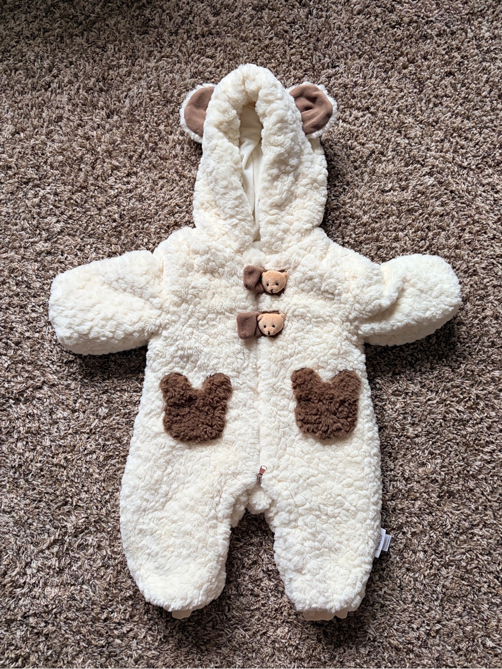 Cozy Cream Sherpa Baby One-Piece with Brown Accent Pockets